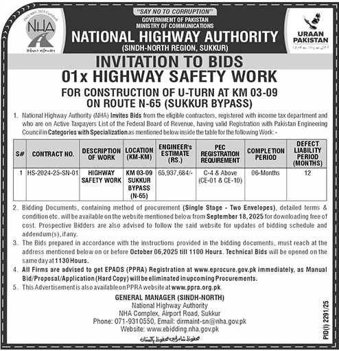 National Highway Authority Sukkur Tender Notice